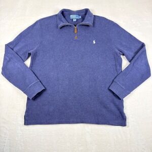VTG Polo Ralph Lauren Mens Blue Cotton Quarter Zip Pullover Mens M Sweater Pony